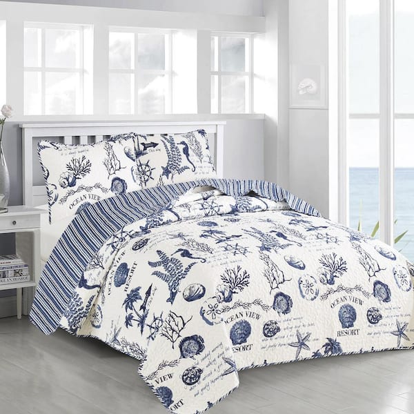 FRESHFOLDS Blue Nautical Coastal Themed King Microrfiber 3-Piece Quilt Set Bedspread