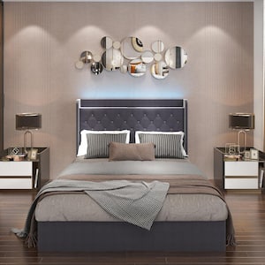 Gray Wood Frame Queen Size Bed Platform Bed 4-Drawers, Color-Changing LED Lights, Wheels, Headboard, Sockets, USB