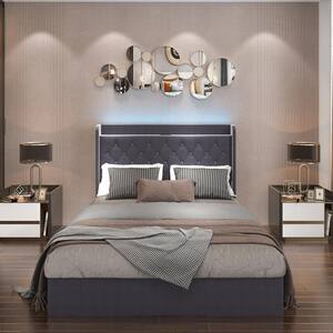 Gray Wood Frame Queen Size Bed Platform Bed 4-Drawers, Color-Changing LED Lights, Wheels, Headboard, Sockets, USB