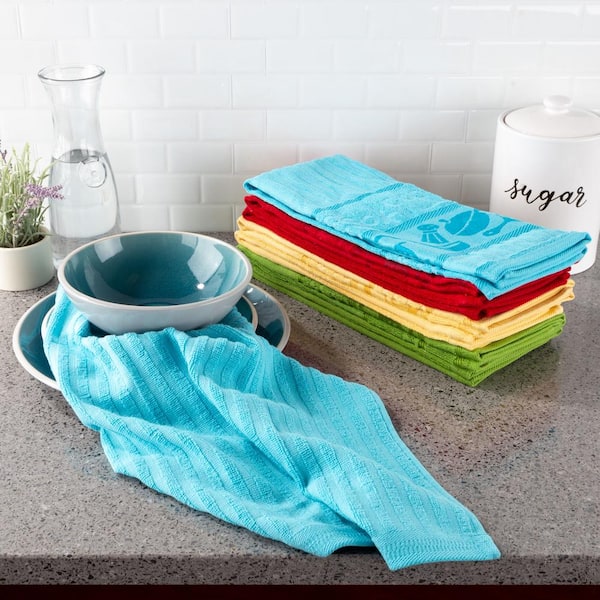 Multi-Color Kitchen Icon Design Chic Pattern Weave Cotton Kitchen Towel Set (8-Pieces)