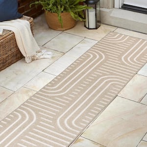 Anders High-Low MidCentury Modern Arch Stripe 2-Tone Beige/Cream 2 ft. x 8 ft. Indoor/Outdoor Runner Rug