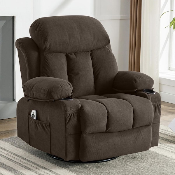 Large 24.4 in. Wide Seat Brown Velvet Manual 360° Swivel Rocker Recliner Chair with Massage Heated Single Sofa Chair