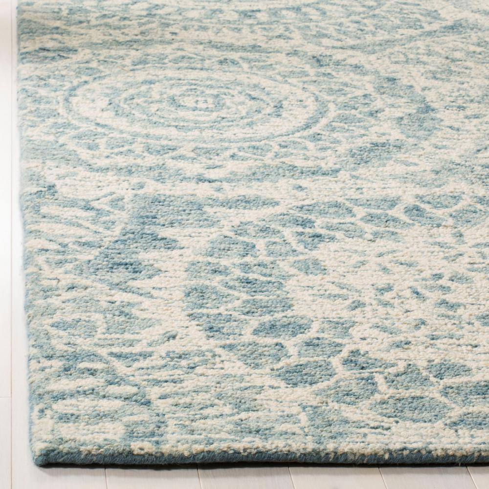 Ivory and Blue Handmade Tufted Wool Abstract Runner Rug