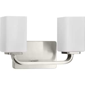 Cowan 13.5 in. 2-Light Brushed Nickel Vanity Light with Etched Glass Shades Modern for Bath and Vanity