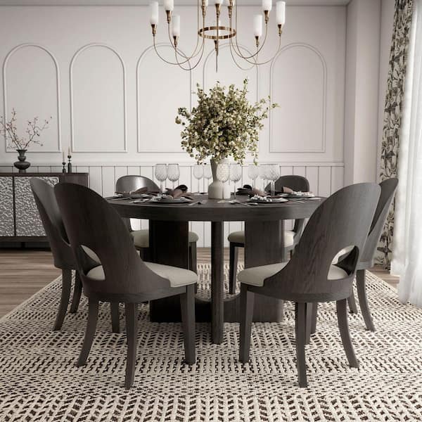 Furniture of America Hairin 7-Piece Round Ash Gray Wood Top Dining Room Set with Wire Brush, Curved Back and Padded Chair Seat (Seats 6)