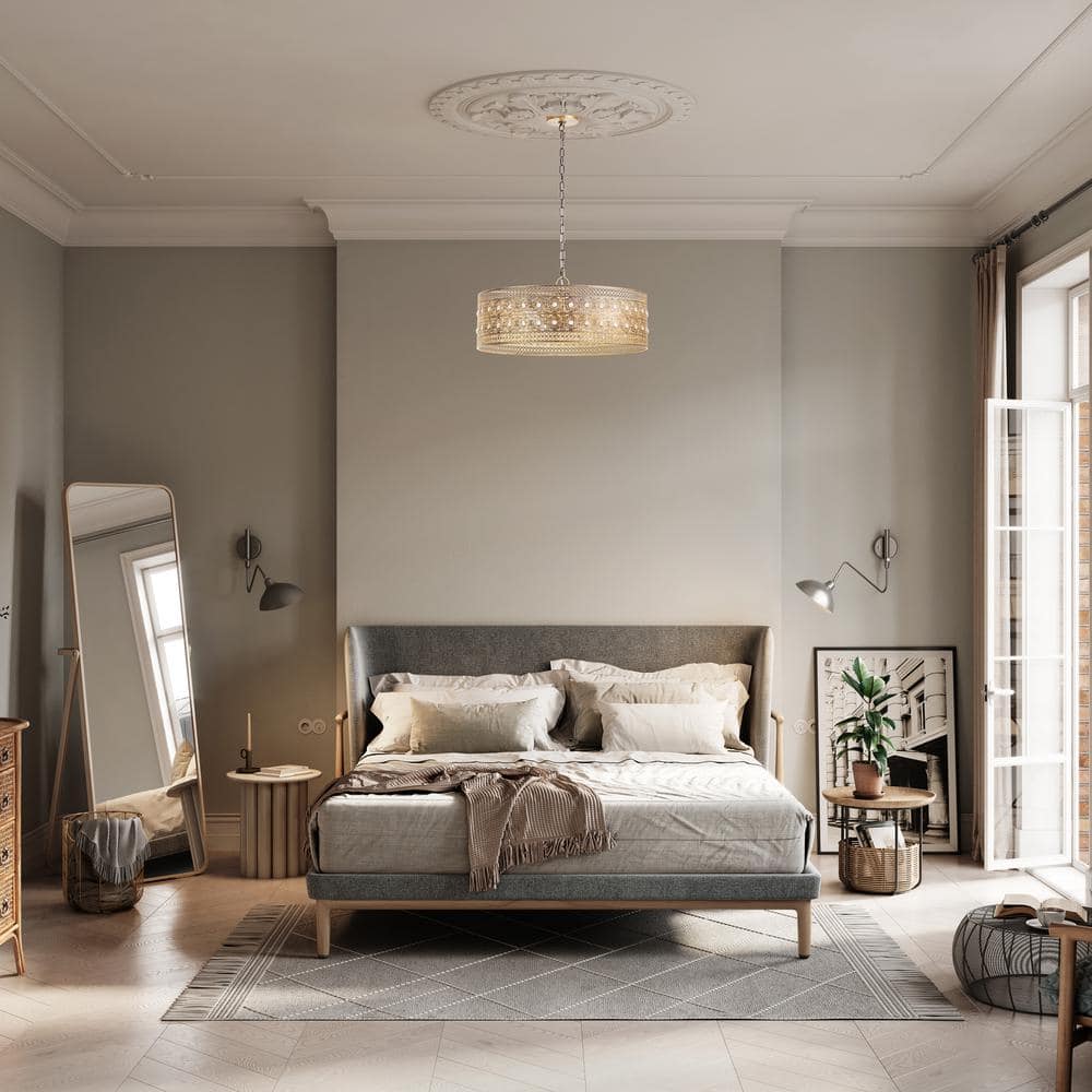 Elegant Brass and Crystal Drum Chandelier, 26" Glam Pendant Light