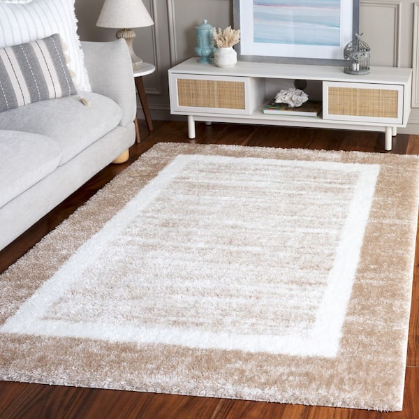 Tahoe Shag 9 ft. x 12 ft. Gold/Ivory Distressed Border Area Rug