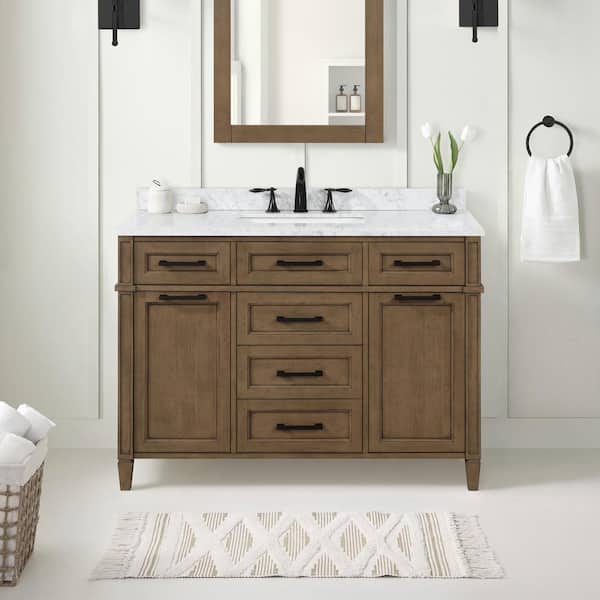 Home Decorators Collection Caville 48 in. W x 22 in. D x 34 in. H Single Sink Bath Vanity in Almond Latte with Carrara Marble Top with Outlet