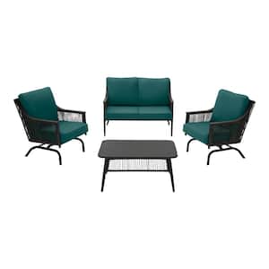 Bayhurst 4-Piece Black Wicker Outdoor Patio Conversation Seating Set with CushionGuard Malachite Green Cushions