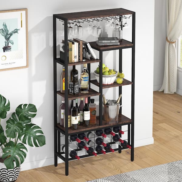 BYBLIGHT Walter 63 in. Brown Wood 5 Tier Wine Rack Vintage Tall