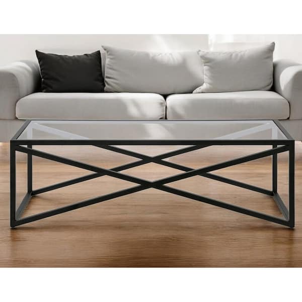 HomeRoots 54 in. Black Rectangle Glass Coffee Table