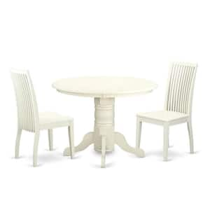 3-Piece Linen White Finish Solid Wood Top - Round Dining Room Set - Seats 4