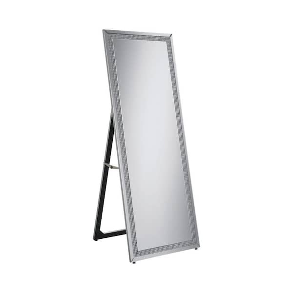 Benjara Silver 23.5 in. W x 63 in. H Rectangle Metal Cheval Mirror with Rhinestone Inlay and Easel Back