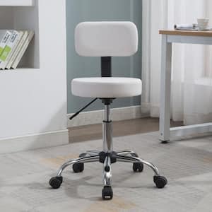 White Adjustable Drafting Stool with Wheels and Backrest, Faux Leather Space-Saving Rolling Stool