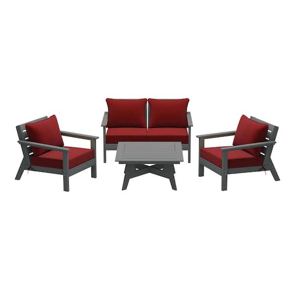 WESTIN OUTDOOR Birchwood Gray Arrangeable 5-Piece Outdoor Patio HDPE Deep Seating Conversation Lounge Set w/ Red Cushions