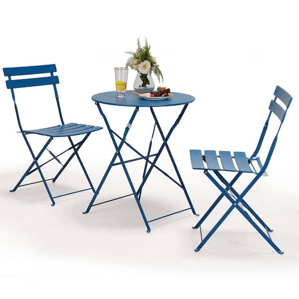 Mondawe 3-Piece Metal Patio Bistro Set Round Folding Table and Chairs Set Iron Conversation Coffee Table Set for Backyard, Blue