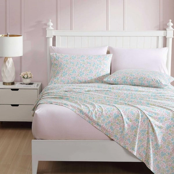 Laura Ashley Jaynie 6-Piece Blue Pink Cotton Queen Sheet Set