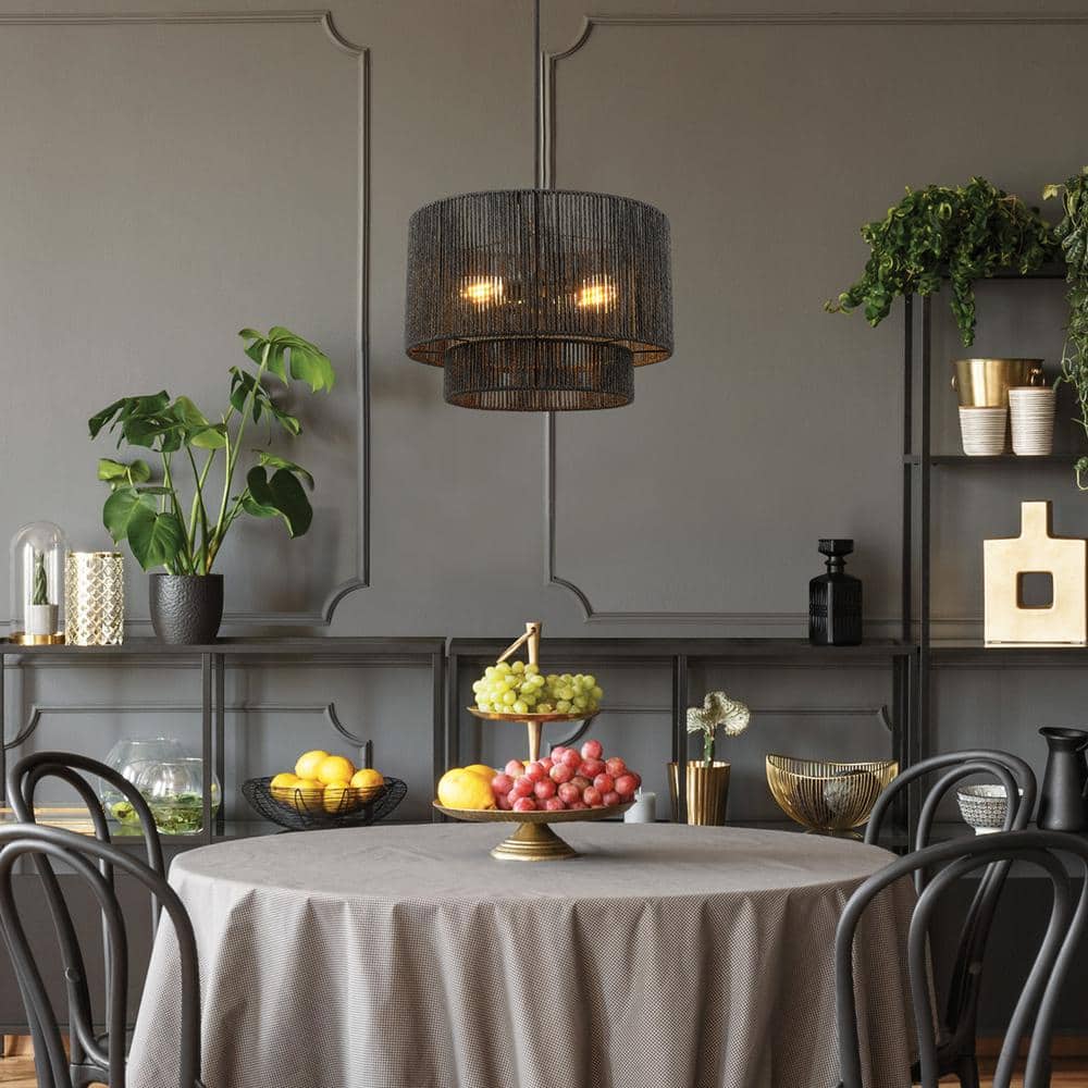 Matte Black Metal Drum Pendant Light with Paper Shade