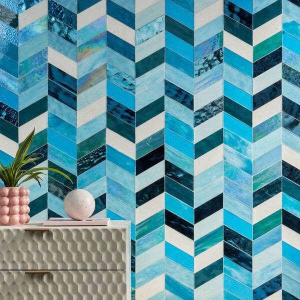 Aqua Blue Ocean French Pattern 3 in. x 6 in. Glass Mosaic Tile Sample