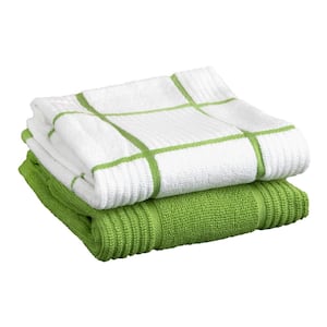Green Plaid Solid and Check Parquet Woven Cotton Kitchen Towel (Set of 2)