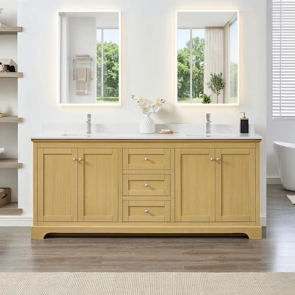 Avery 80 in. Double Freestanding Honey Oak with Polished Chrome Trim Bath Vanity with White Quartz Top