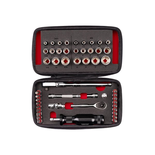 1/4 in. Drive 12-Point Small Engine Shallow Socket, Bit Flex Head Quick-Release Ratchet and Spinner Handle Set with Case