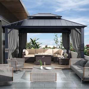 12 ft. x 14 ft. Gray Hardtop Gazebo with Curtain Grey