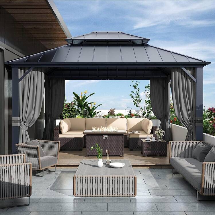 Halmuz 12 ft. x 14 ft. Gray Hardtop Gazebo with Curtain Grey