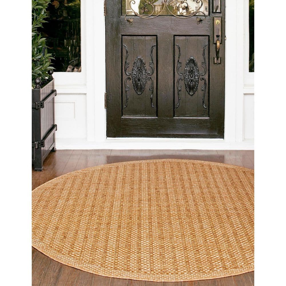 Easy-Care Reversible Stripe Round Outdoor Rug, 6'1", Light Brown