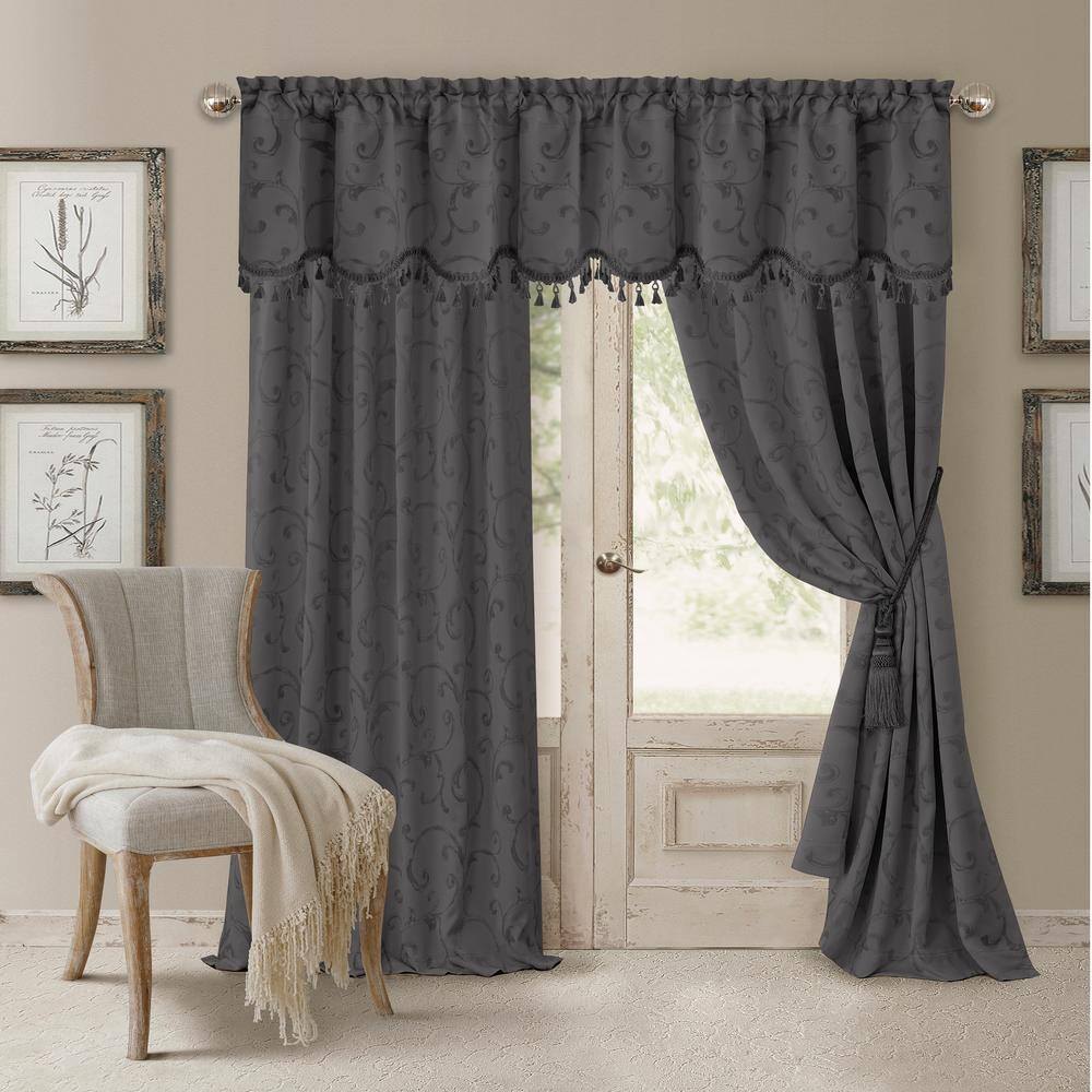 Gray Scalloped Tassel Trim Valance with Jacquard Scroll Pattern