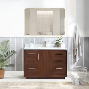 San 48 in.W x 22 in.D x 33.8 in.H Single Sink Bath Vanity in Natural Walnut with White Composite Stone Top and Mirror