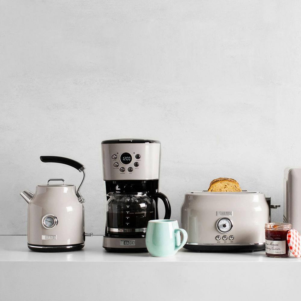 Retro Beige 12-Cup Stainless Steel Programmable Coffee Maker & Toaster Set