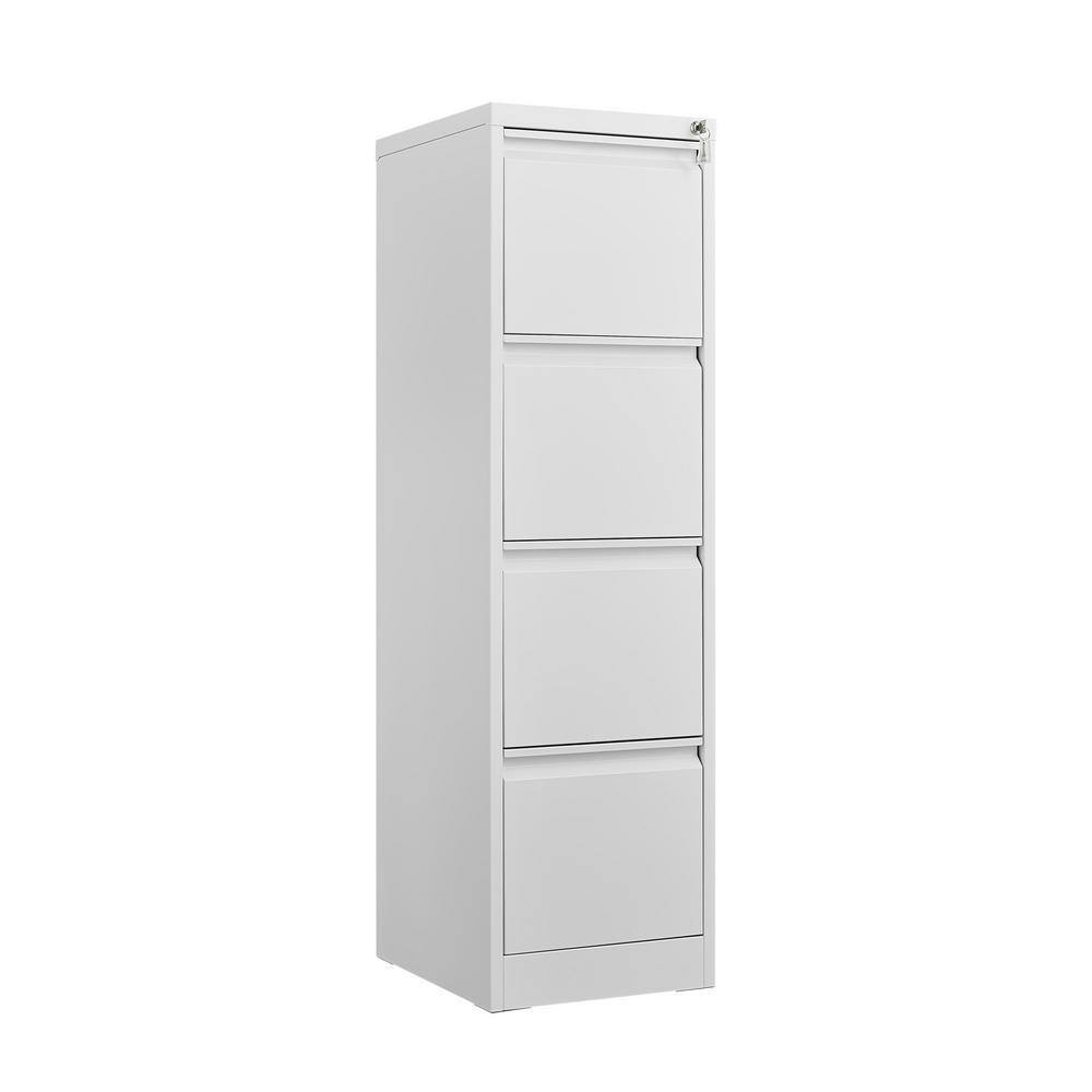 Three-quarter view of a white 4-drawer vertical metal file cabinet.