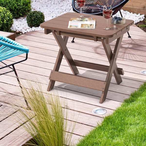 Brown 20.08 in. Outdoor Adirondack Foldable Side Table Weather Resistant Coffee Table Plastic High Density PE
