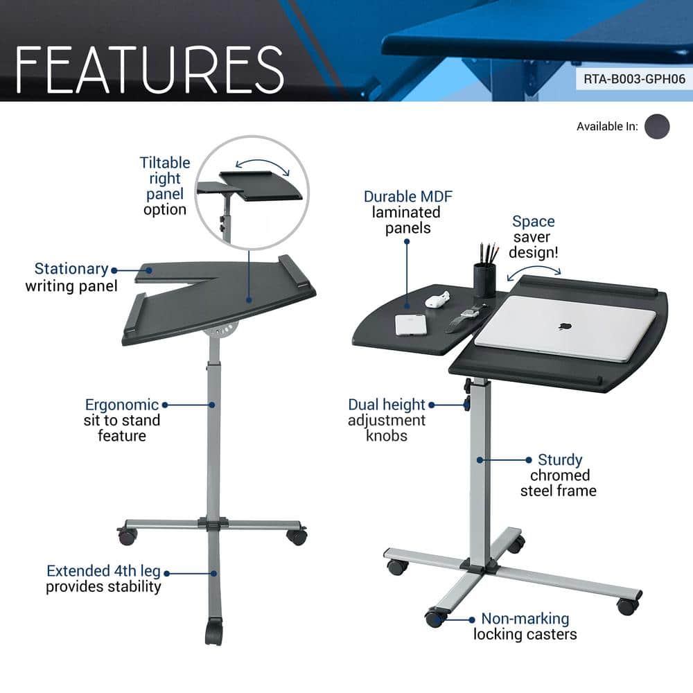 Graphite Adjustable Height Rolling Laptop Cart with Wood Top