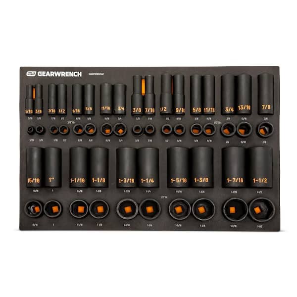 3/8 in. and 1/2 in. Drive 6-Point SAE Standard and Deep Hi-Viz Impact Socket Set in Foam Storage Tray (54-Piece)