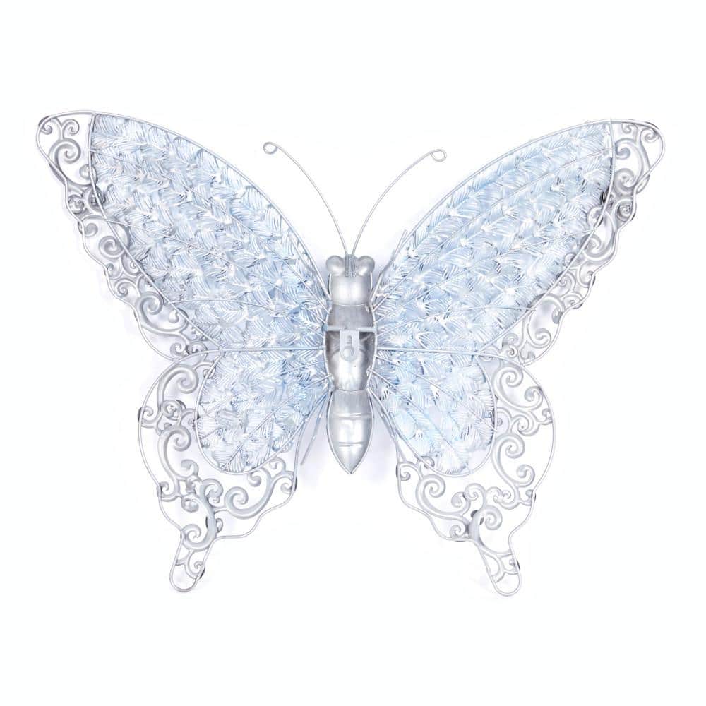 Silver and Blue Metal Butterfly Wall Sculpture