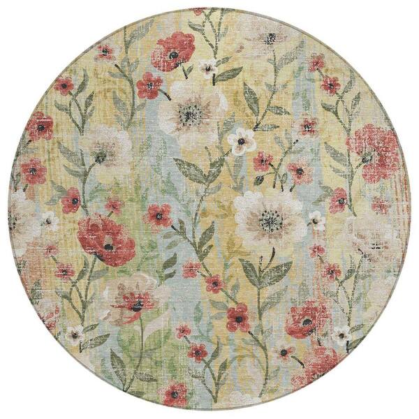 Chantille Machine Washable Indoor/Outdoor Abstract ACN2403 Tan 8 ft. x 8 ft. Round Rug