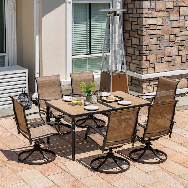 Black 7-Piece Metal and Textilene Rectangle Outdoor Dining Set with Umbrella Hole, Wood-Grain Tabletop and Swivel Design