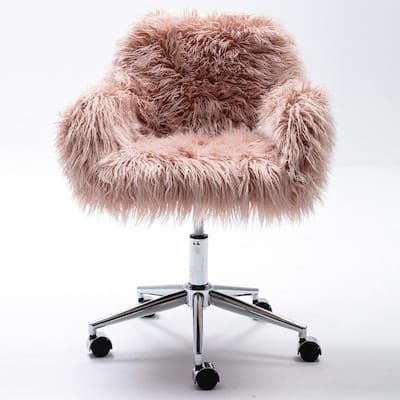 Pink Faux Fur Fluffy Task Chair Home Office Chair Makeup Vanity Chair for Girls Adjustable Height Swivel with Arms