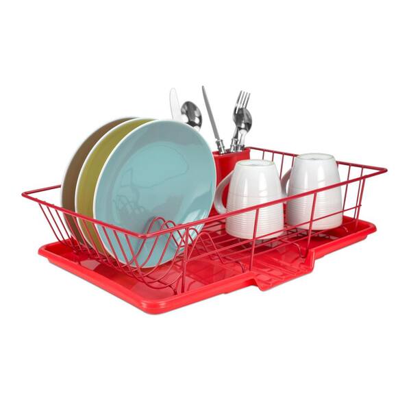 Home Basics 3 Piece Dish Rack, Red, KITCHEN ORGANIZATION