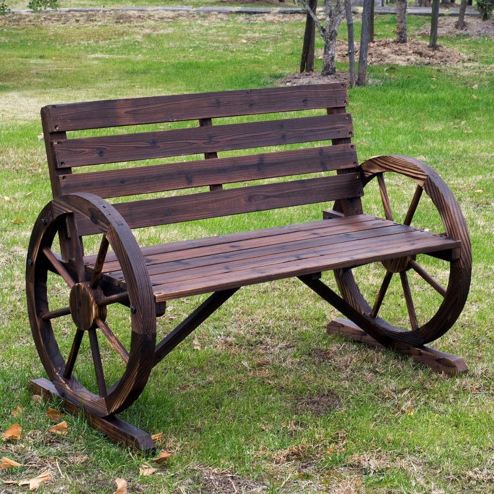 Rustic Fir Wood Wagon Wheel Bench, Carbonized Brown, 41.5" x 23.25"