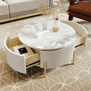 31.5 in. White Round Exquisite Marble Pattern MDF Coffee Table with 2 Large Drawers