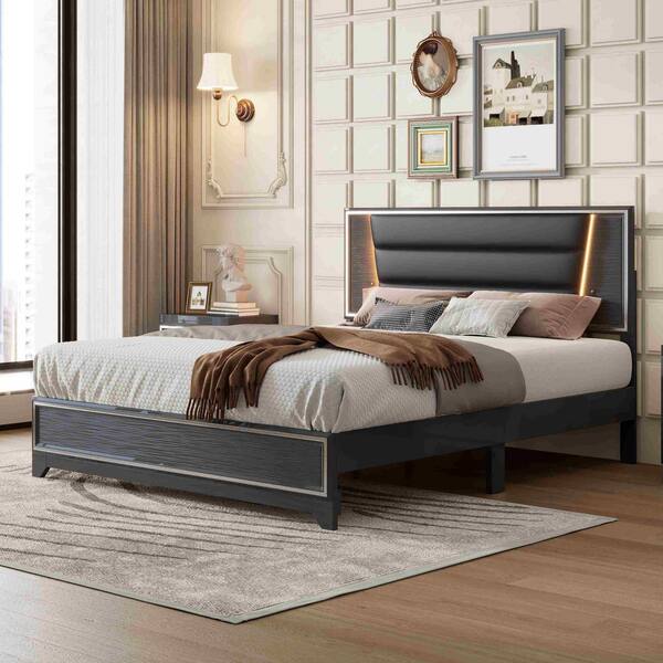 Polibi Black Wood Frame Queen Size PU Upholstered Platform Bed with LED Light Strips Headboard and Sparkling Shiny Decoration
