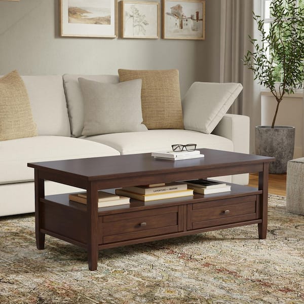 Warm Shaker 48 in. Wide Solid Wood Rectangle Coffee Table in Russet Brown