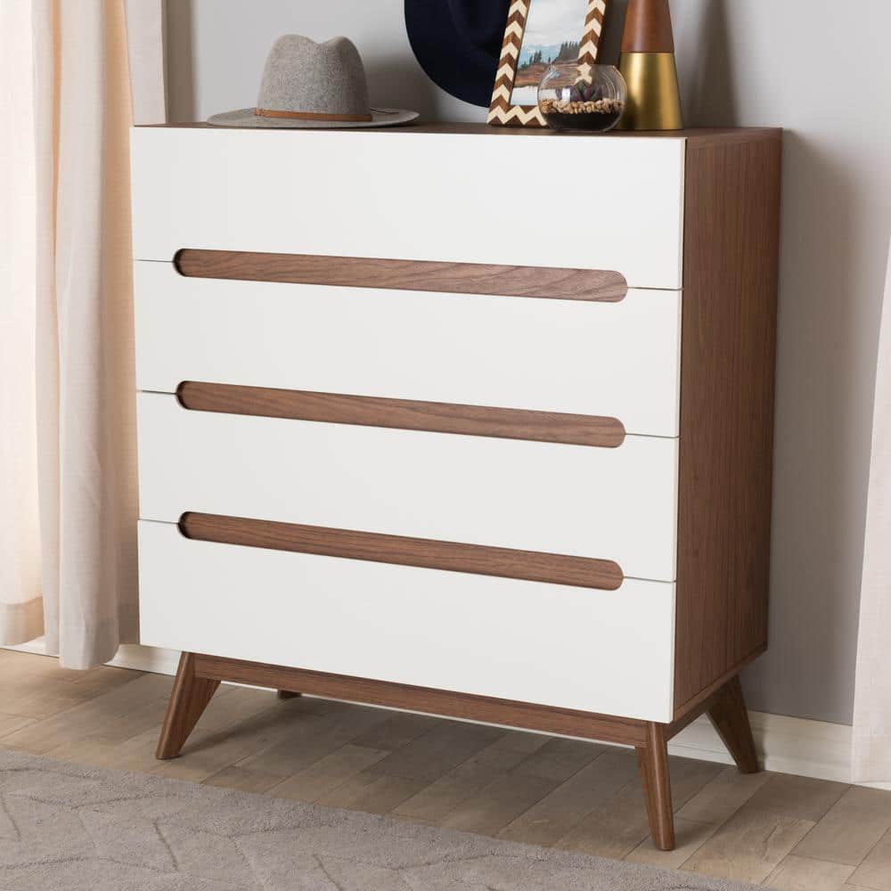 Calypso White and Walnut Mid-Century Modern 4-Drawer Chest