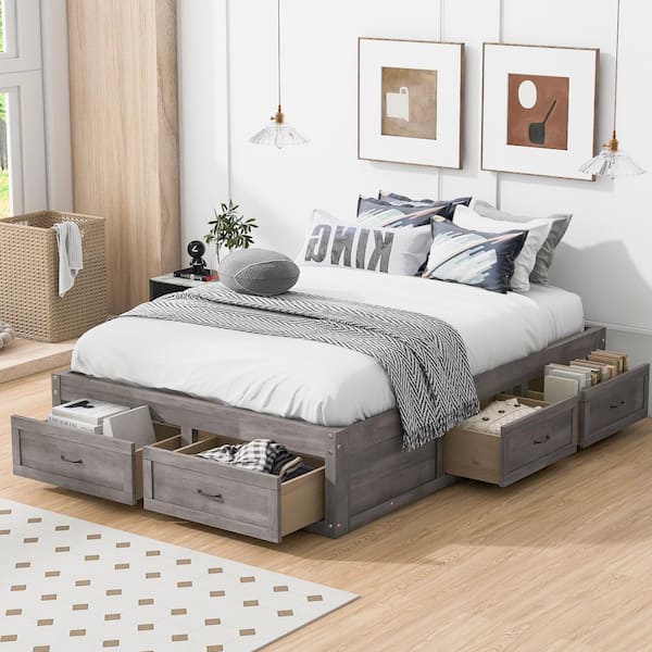 Harper & Bright Designs Antique Gray Wood Frame Full Size Retro Platform Bed with 6 Storage Drawers