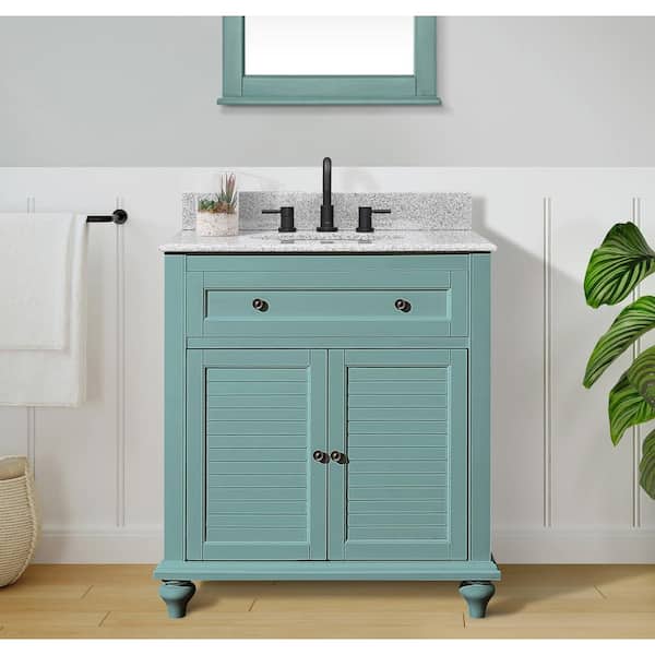 Home Decorators Collection Hamilton 25 in. W x 22 in. D x 35 in. H Single Sink Freestanding Bath Vanity in Sea Glass with Gray Granite Top
