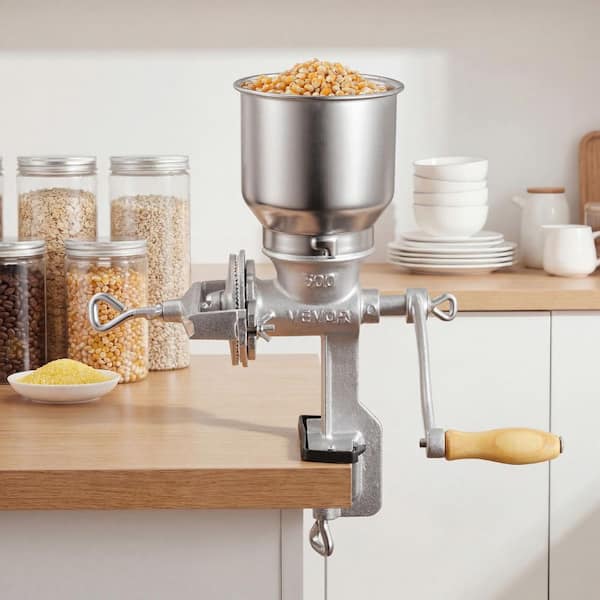 Manual Grain Mill with High Hopper, Hand-Crank Corn Grinder, Cast Iron Wheat Grinding Mill with Stable Table Clamp