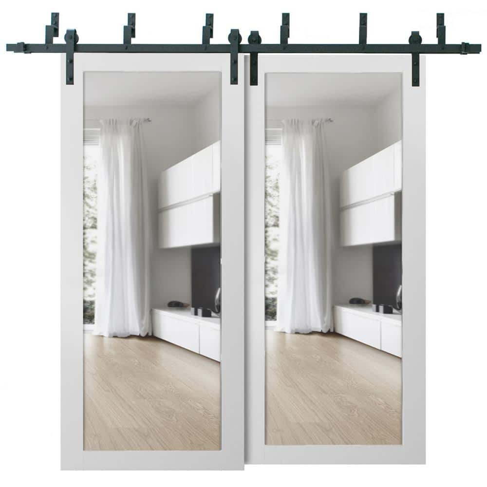 2166 56 in. x 96 in. Full Lite Clear Glass Matte White Finished Solid Wood Sliding Door with Hardware Kit price history on PriceWatchPro